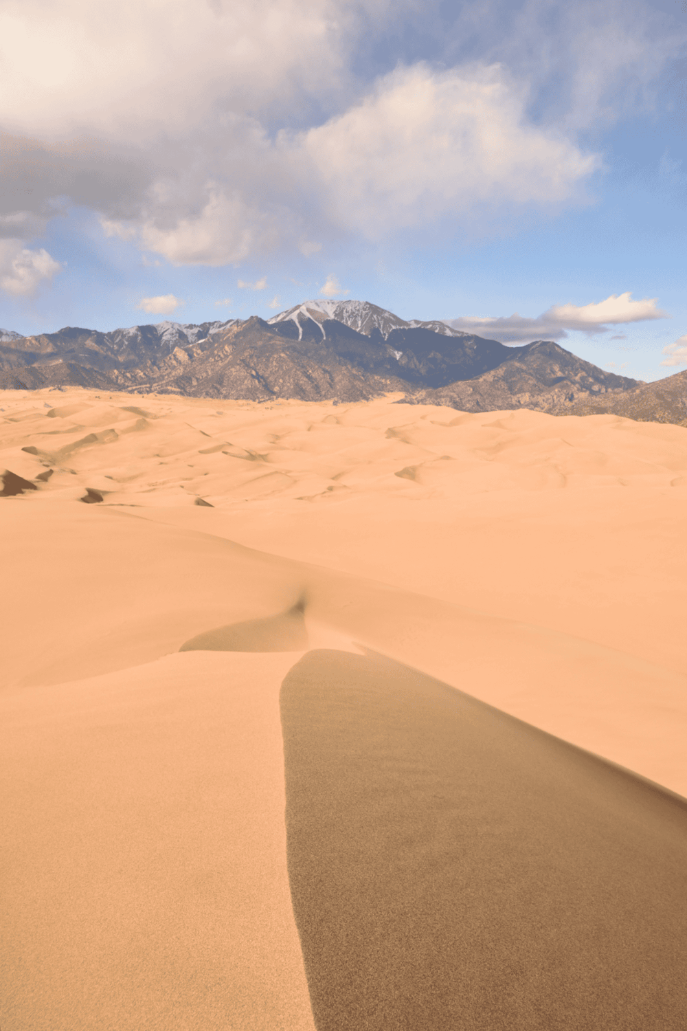 Endless sand dunes with mountain backdrop and cloudy sky, outdoor adventure travel, desert exploration.