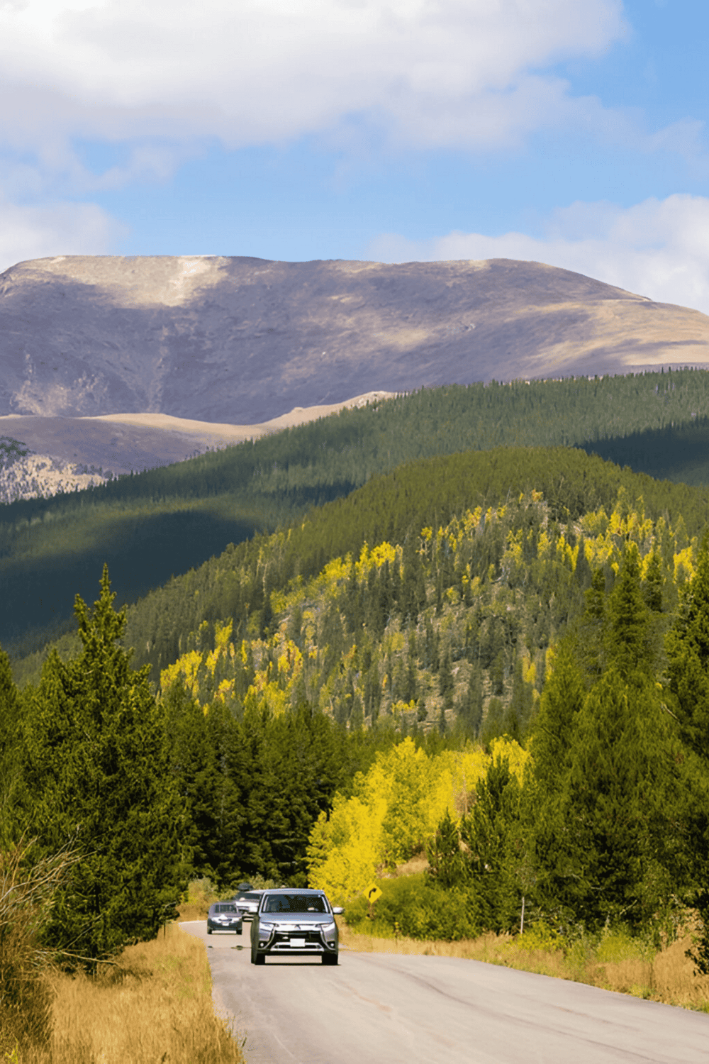 Scenic mountain road with cars driving through lush green forest and majestic mountains in the background.