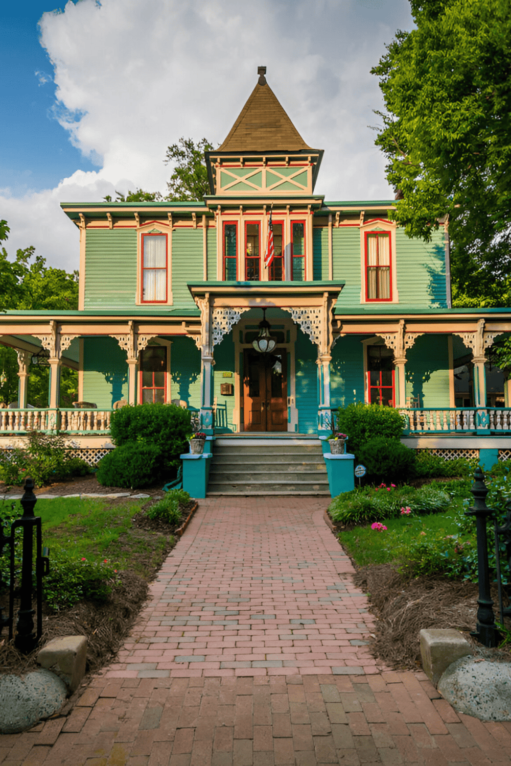 Colorful Victorian house with lush garden and brick pathway at QuestForDirections.