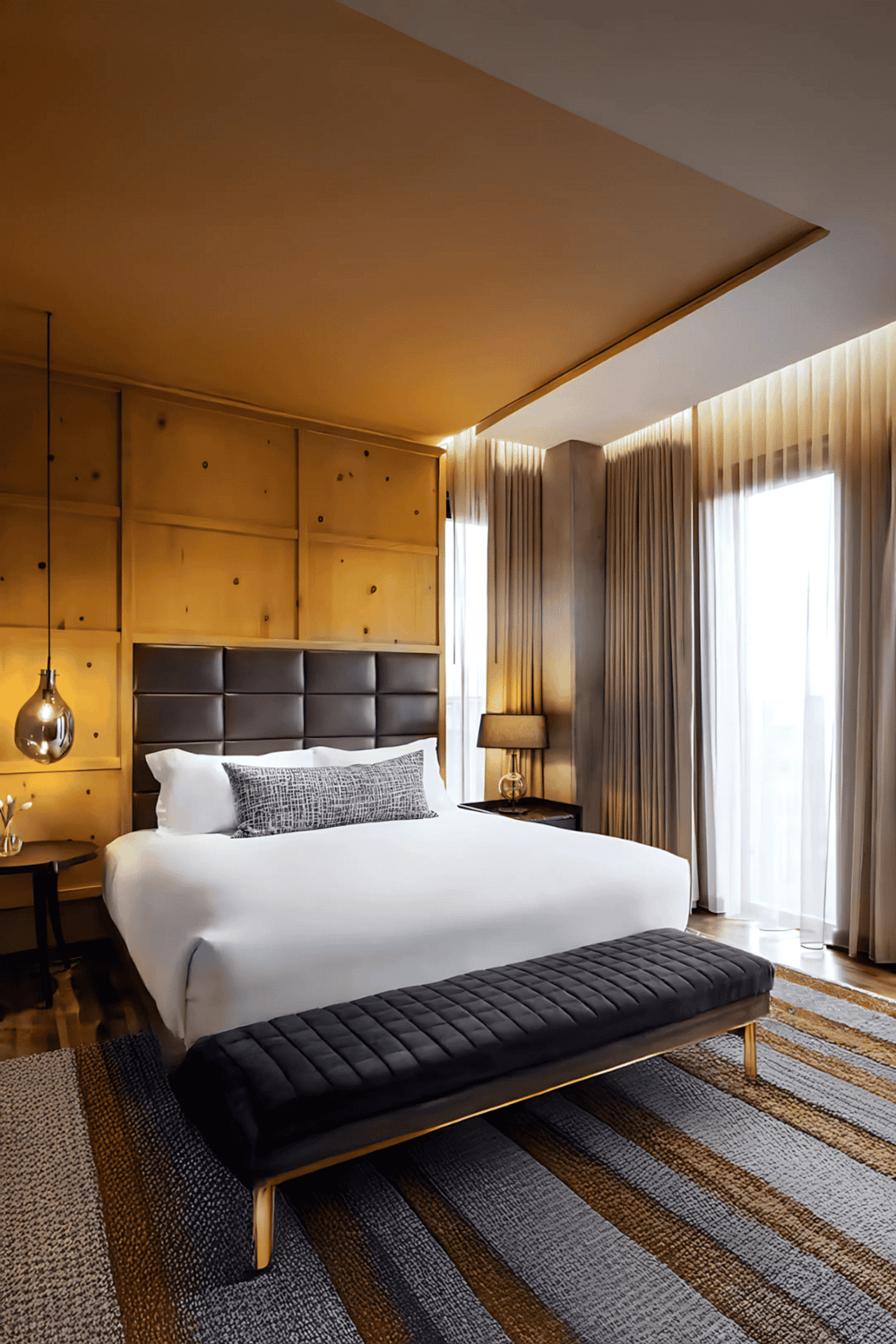 Modern luxury hotel bedroom with stylish decor and natural light.