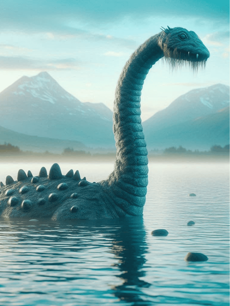 Ancient sea creature resembling a dragon in ocean waters with mountains in the background.