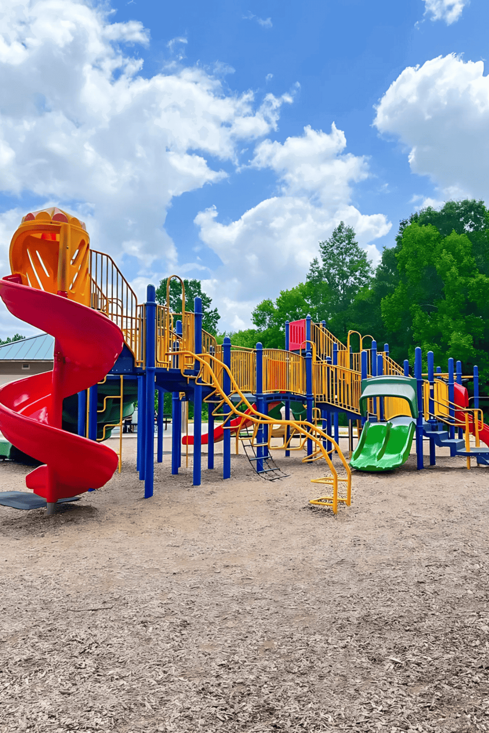 Colorful kids' playground with slides and climbing structures at Quest for Directions park.