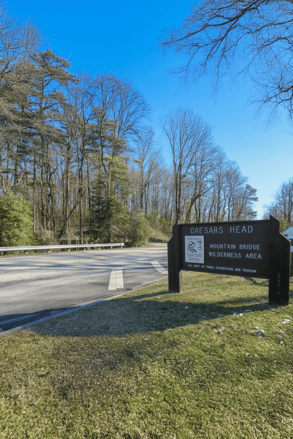 Scenic view of Caesars Head Wilderness Area sign at Mountain Bridge State Park, South Carolina.