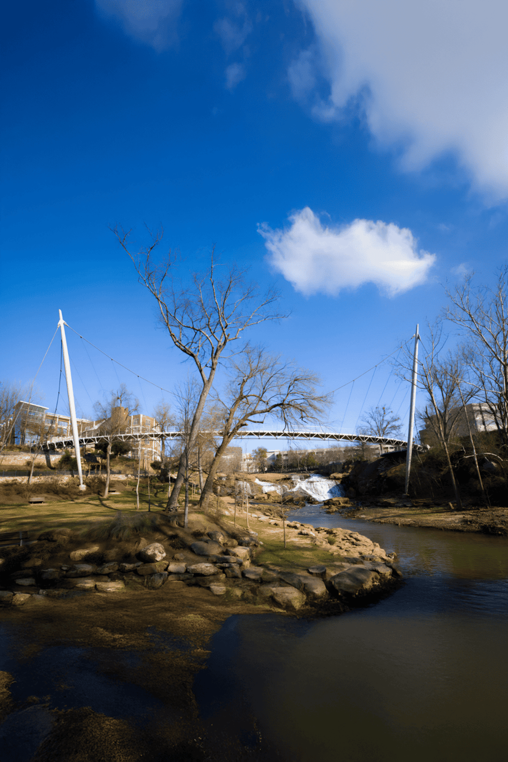 1. Scenic park with river, bridge, and leafless trees under blue sky, perfect for outdoor activities.
