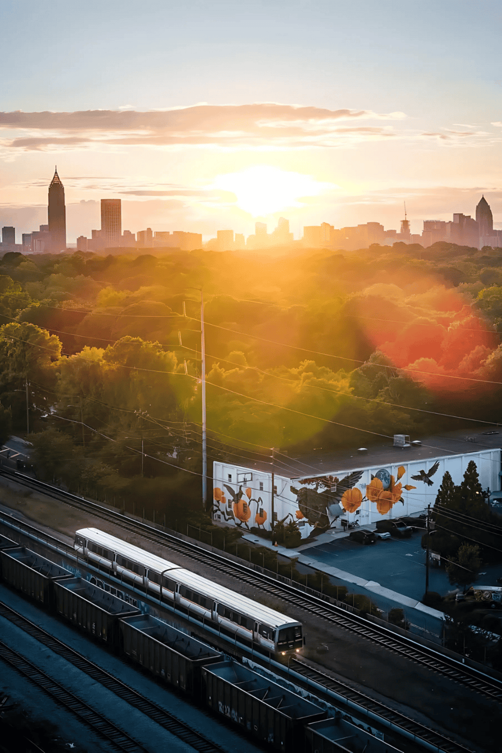 Sunset over Atlanta skyline with train and lush park, highlighting georgia travel and city sightseeing.