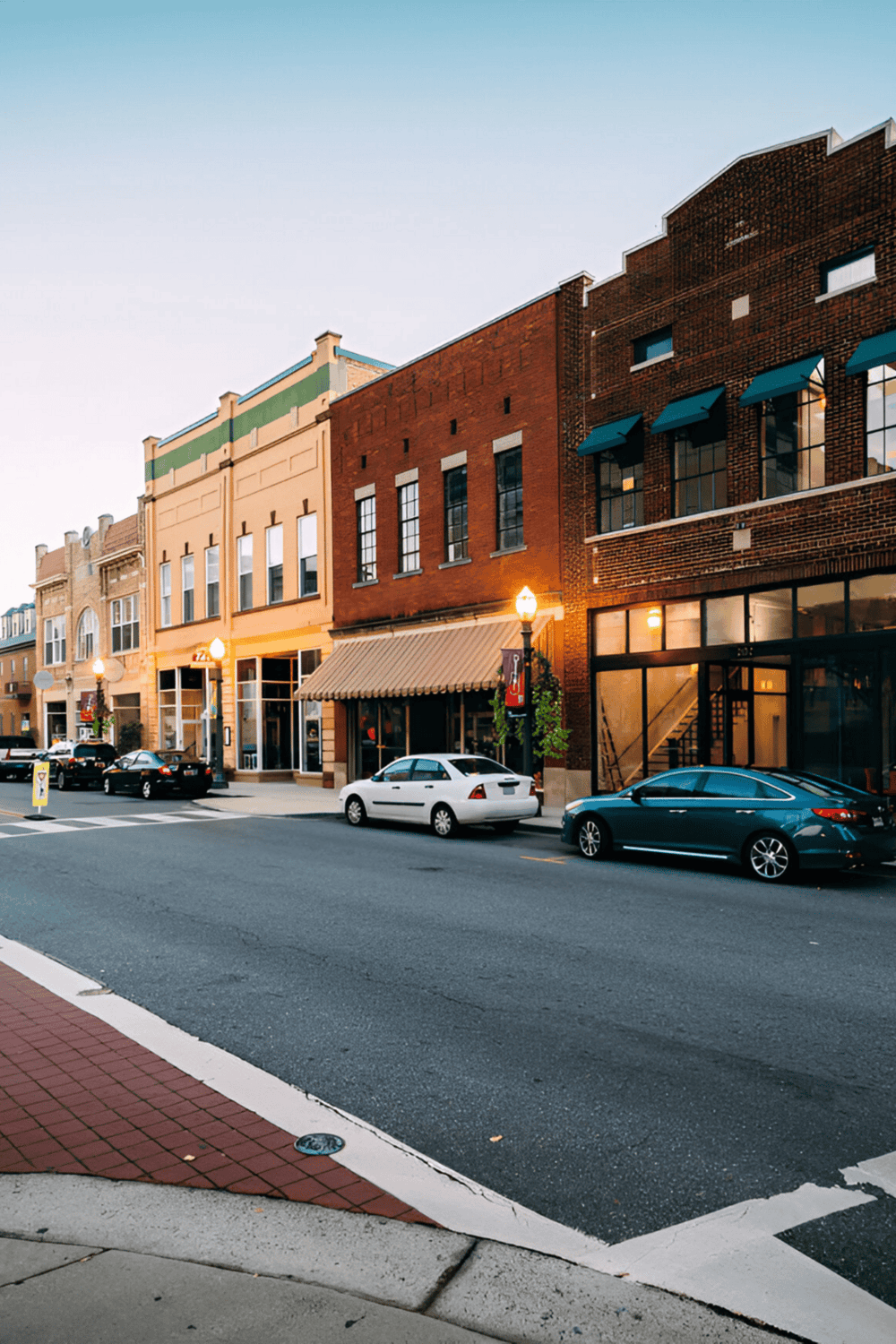 Historic downtown storefronts on a cozy evening street, vibrant cityscape, charming small-town atmosphere.