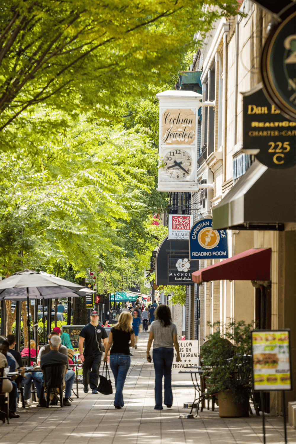 Beautiful downtown street with cafes and shops, vibrant atmosphere, and lush green trees providing shade.