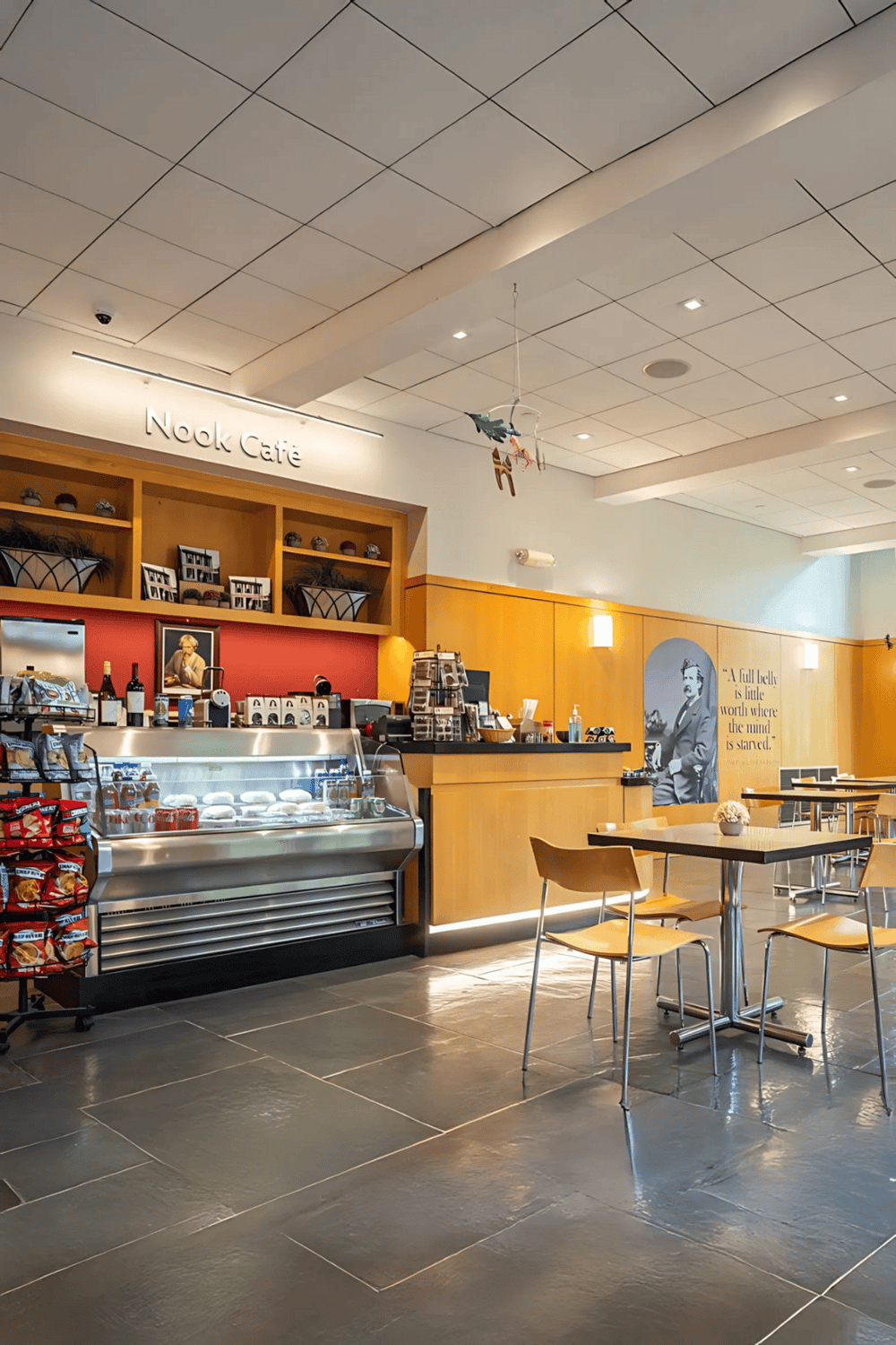 Cozy café interior with pastel decor and artwork for relaxing breaks.