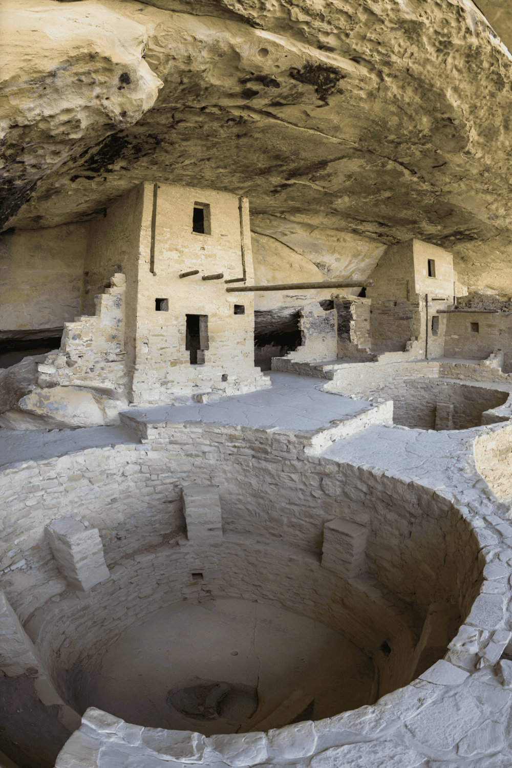 Ancient cliff dwellings at Mesa Verde National Park, showcasing historic Native American architecture.