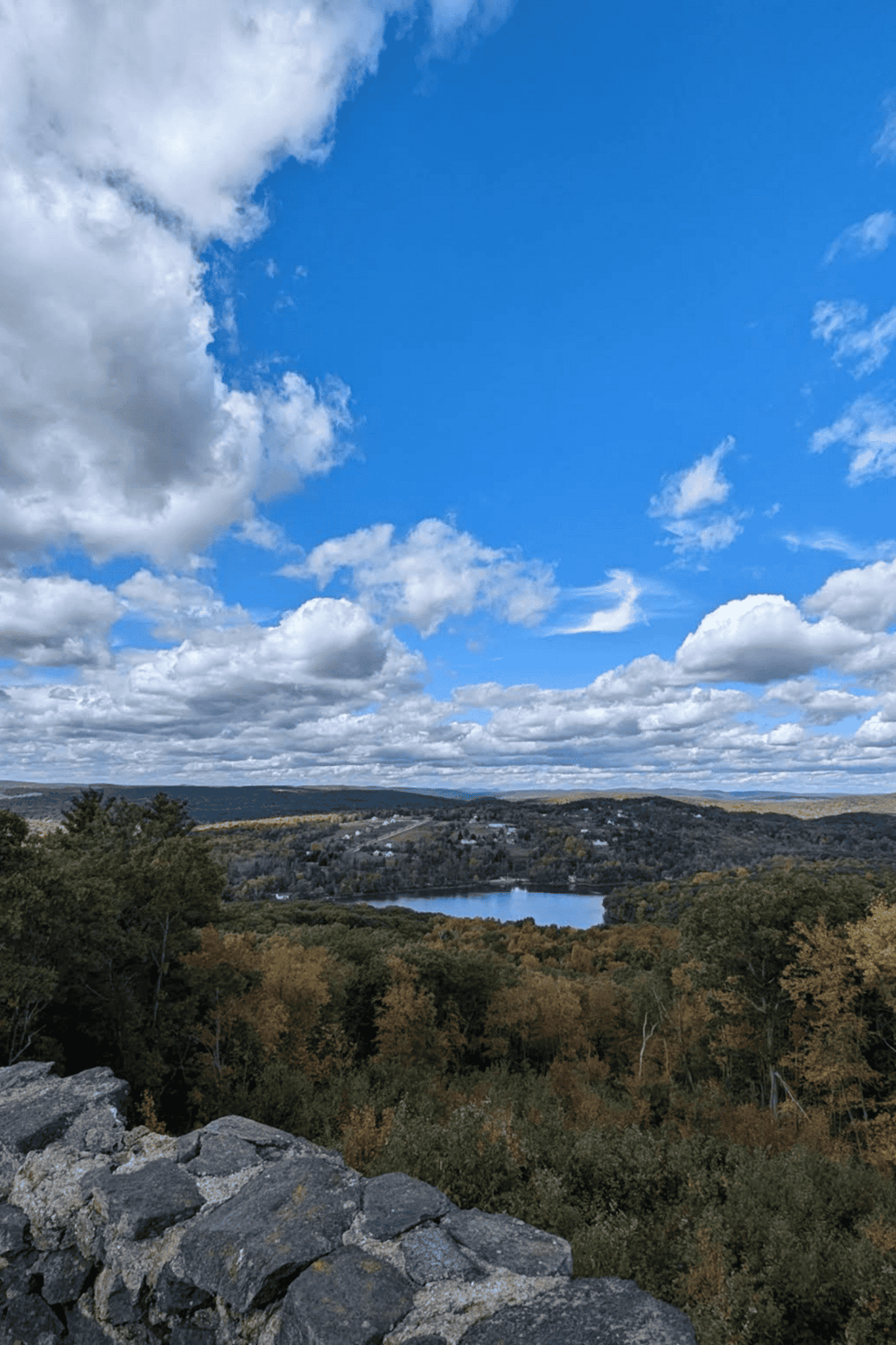 Vast landscape with blue sky, white clouds, forested hills, and a lake, scenic view from QuestForDirections.