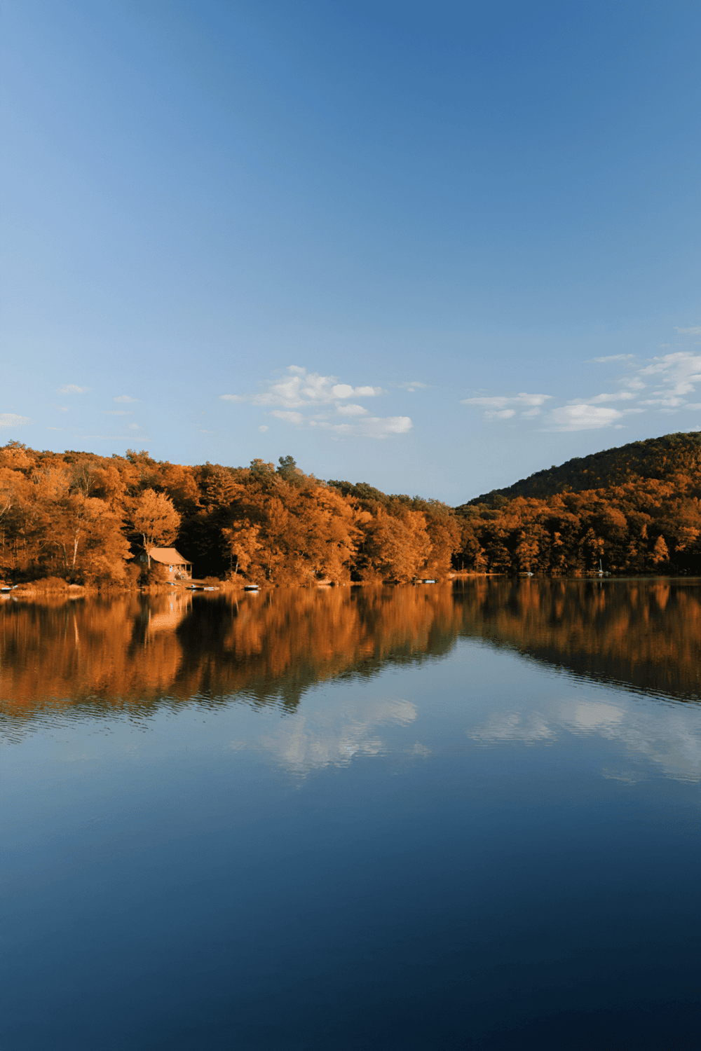 Autumn lakeside with colorful trees and clear blue sky, scenic nature destination for outdoor activities.