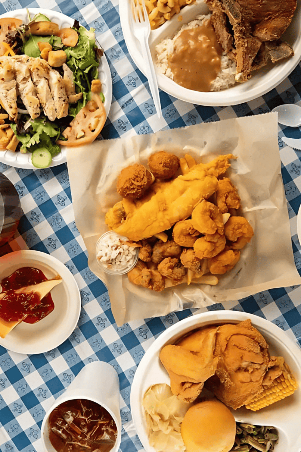 Golden fried chicken and hush puppies at a casual American eatery.