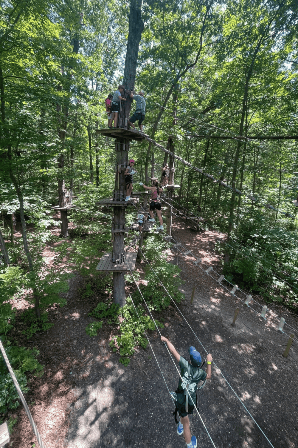 Adventure park zip line courses in outdoor forest setting, fun outdoor activities for families and kids.