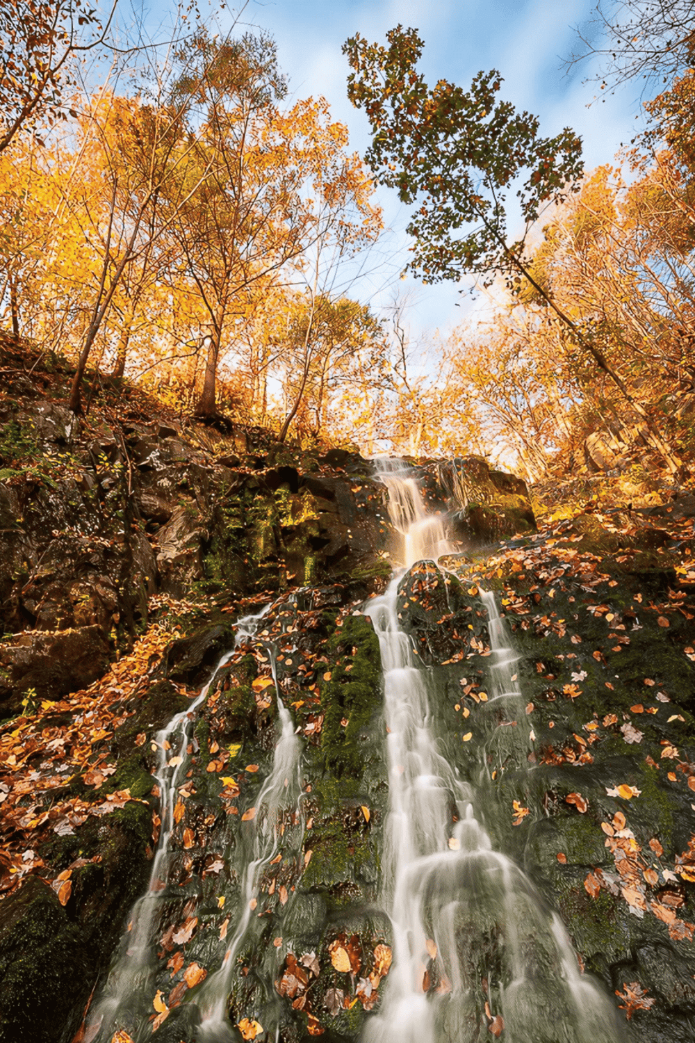 Vibrant autumn waterfall in forest with colorful leaves and clear sky, perfect for nature exploration.