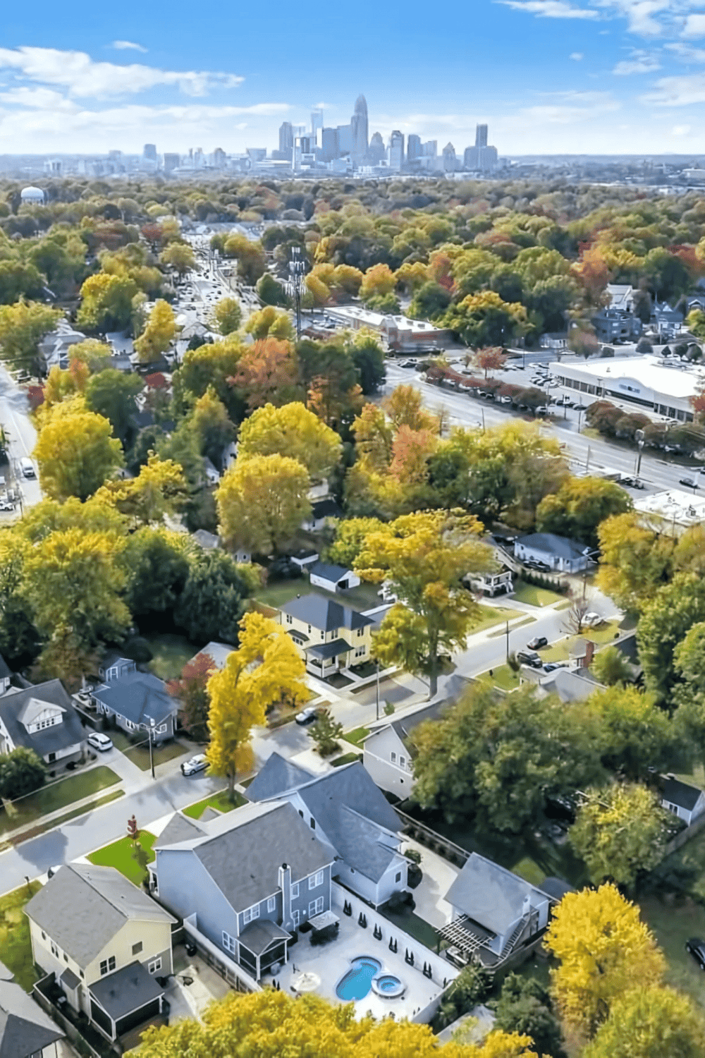 Aerial view of a suburban neighborhood with trees and a city skyline, showcasing local real estate and community planning.