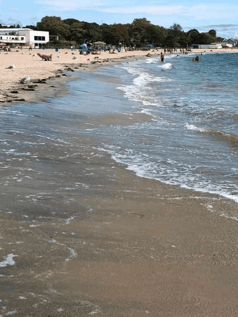 Relaxing beach scene with gentle waves and sandy shoreline, perfect for seaside vacations and coastal getaways.