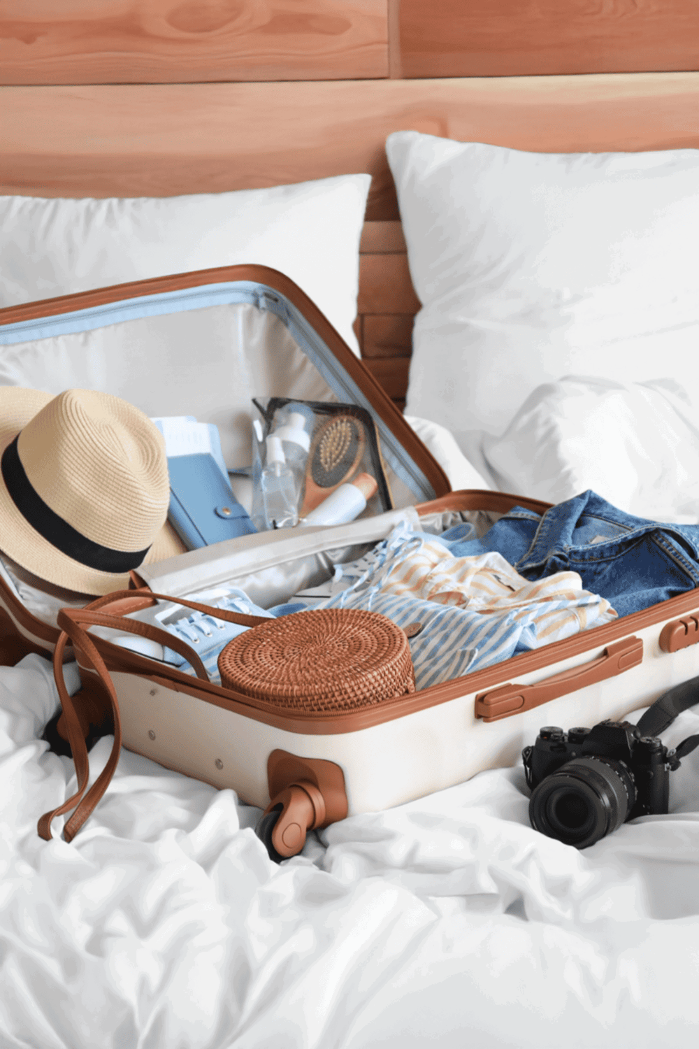 Light beige straw hat, travel essentials, and camera in open suitcase on bed, ready for vacation or trip.