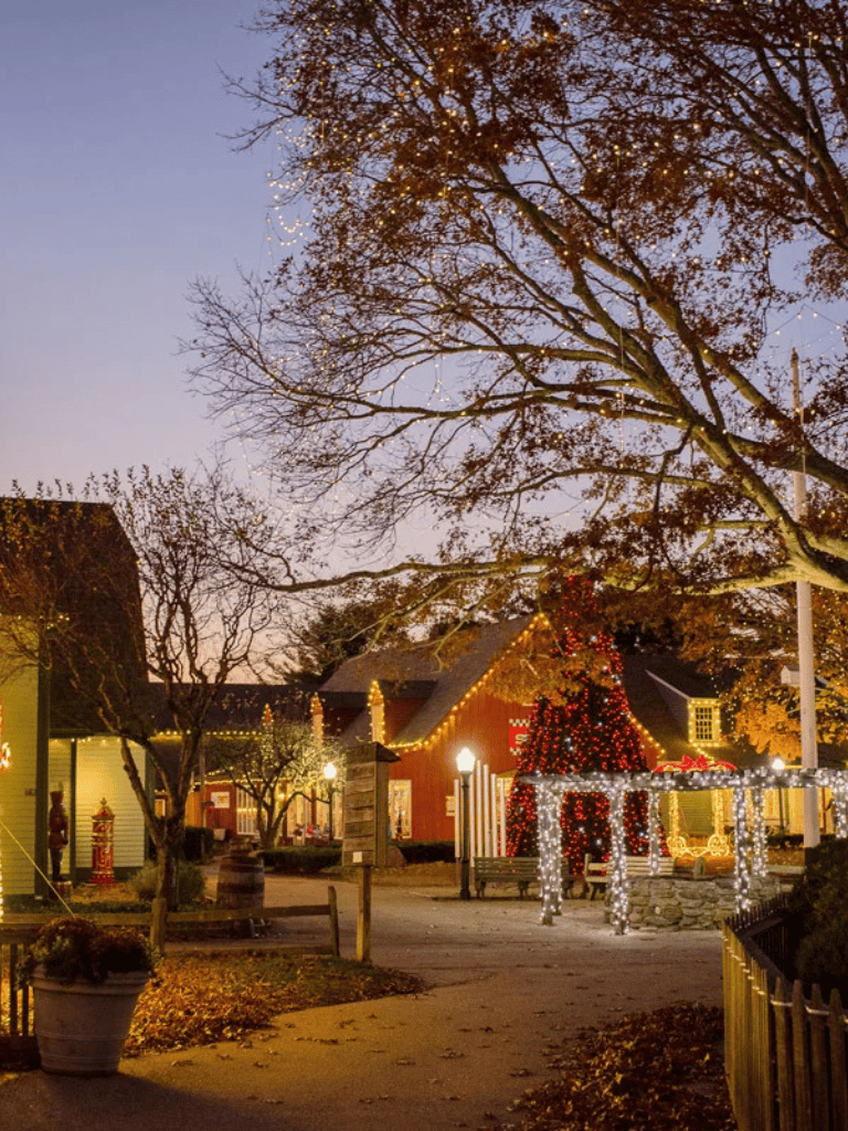 Colorful holiday village decorated with Christmas lights and ornaments, winter scenery.