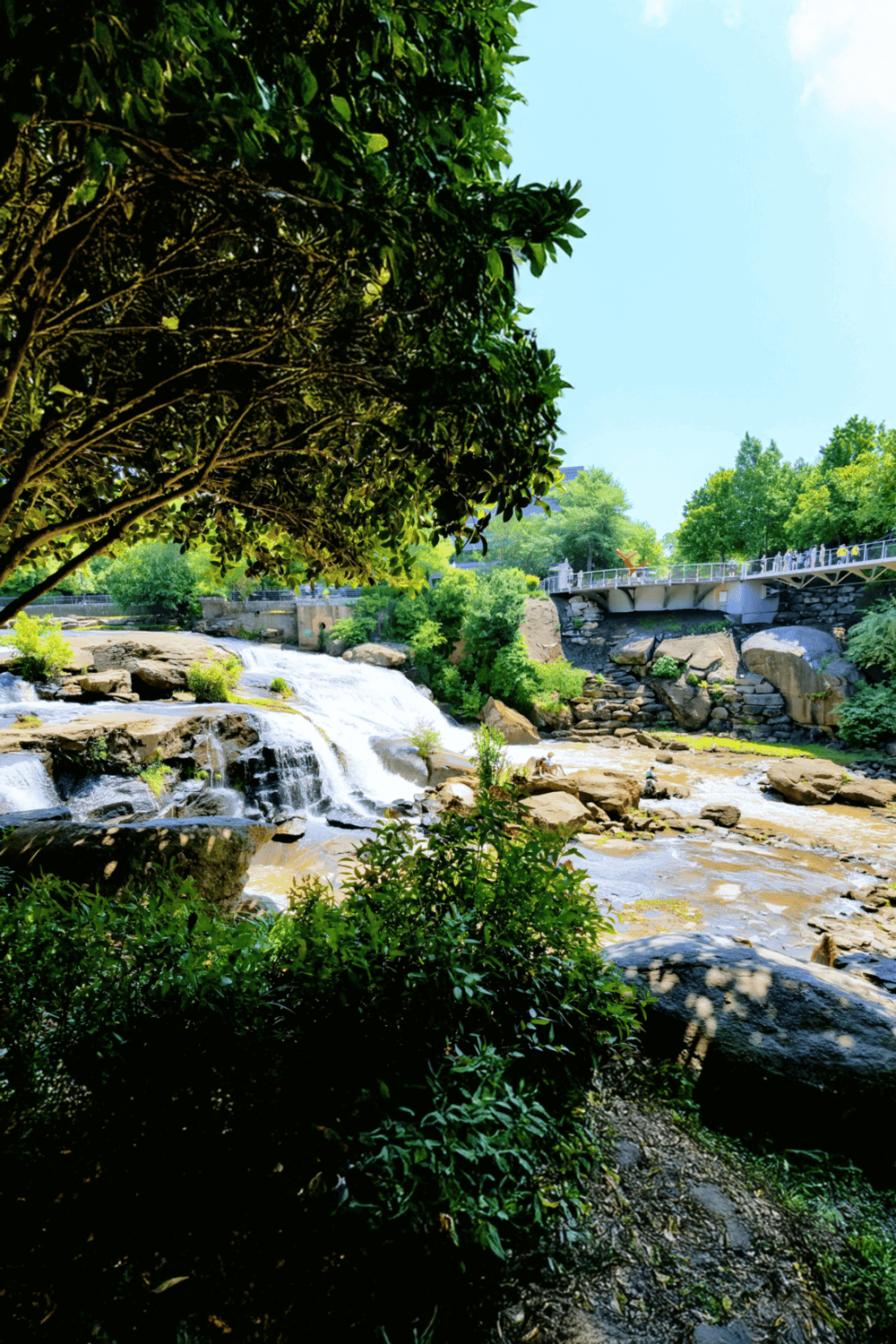 Vibrant waterfall scene with lush greenery and a view of a bridge, connecting nature and urban landscape.