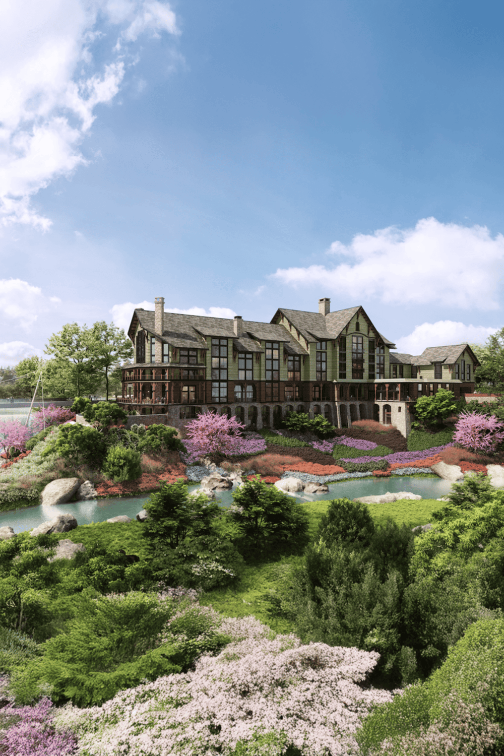 Luxury residential building with lush landscaped gardens, overlooking a pond under a blue sky.