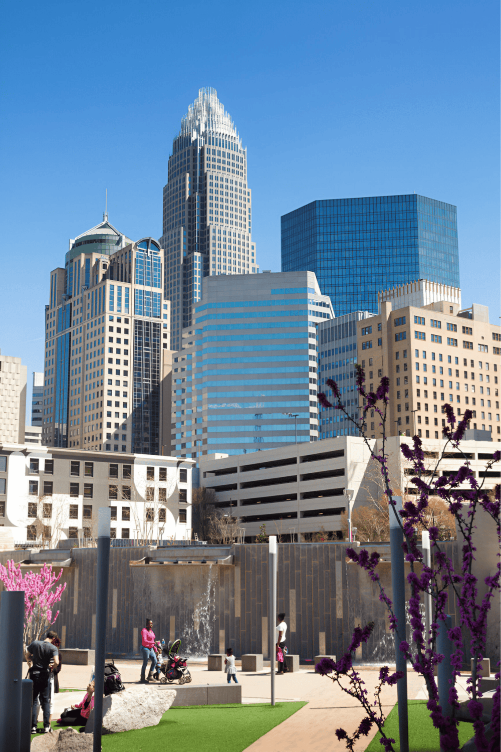 Downtown Charlotte skyline with modern skyscrapers and city park attraction.