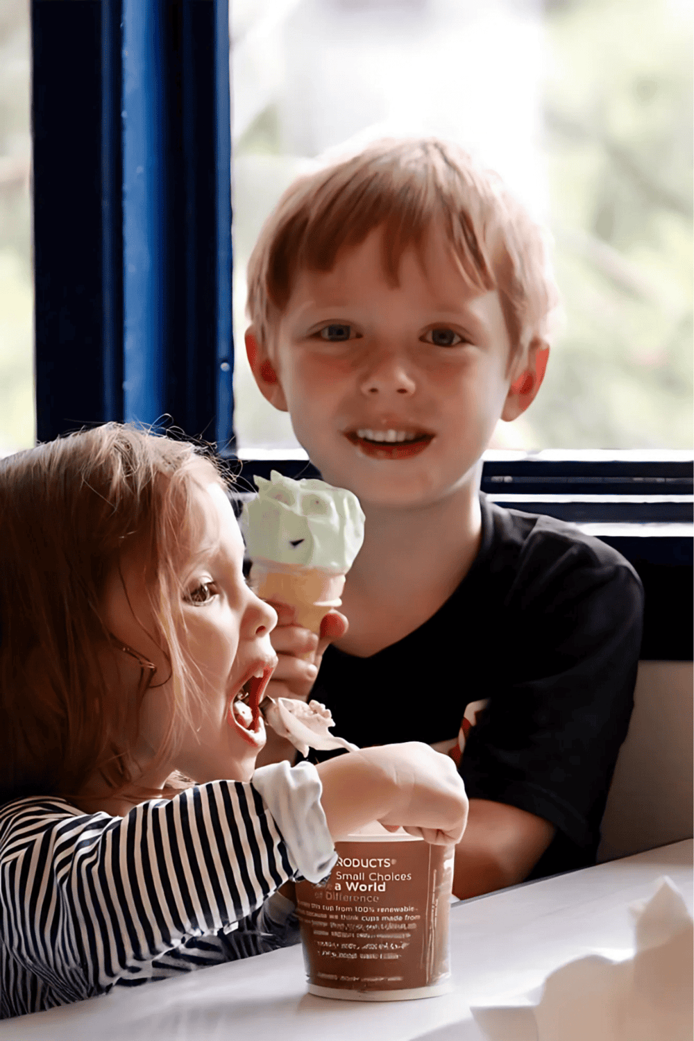 Happy kids enjoying ice cream at a cozy cafe with QuestForDirections.