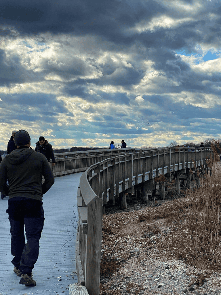 Stepping onto a scenic wooden bridge with cloudy sky and nature views, ideal for outdoor exploration and nature walks.