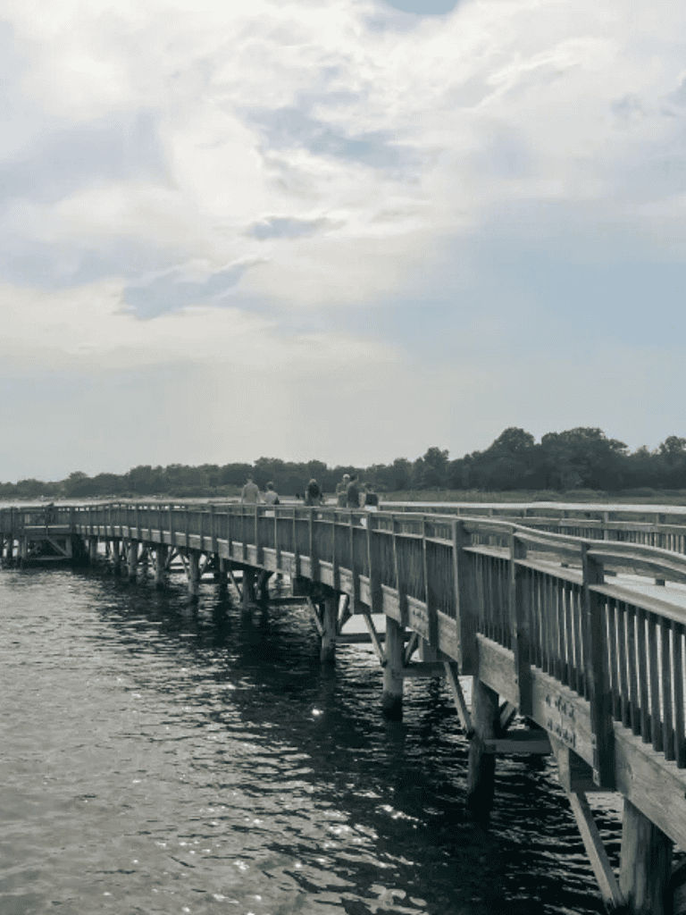 Floating fishing pier at QuestForDirections fishing location, scenic waterfront view.