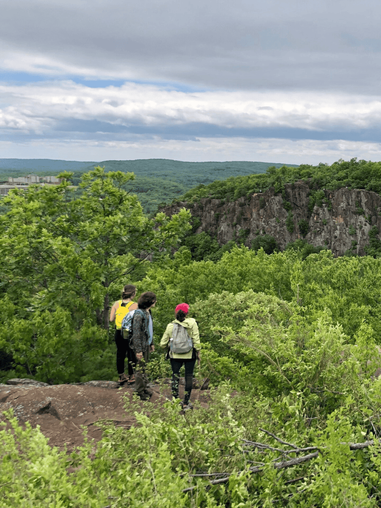 Scenic outdoor hiking in lush green forest with cliffs, mountains, and cloudy sky in the background.