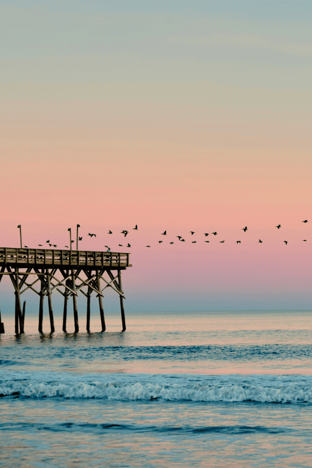 Birds flying near a pier at sunset, scenic coastal view for travel and tourism SEO.