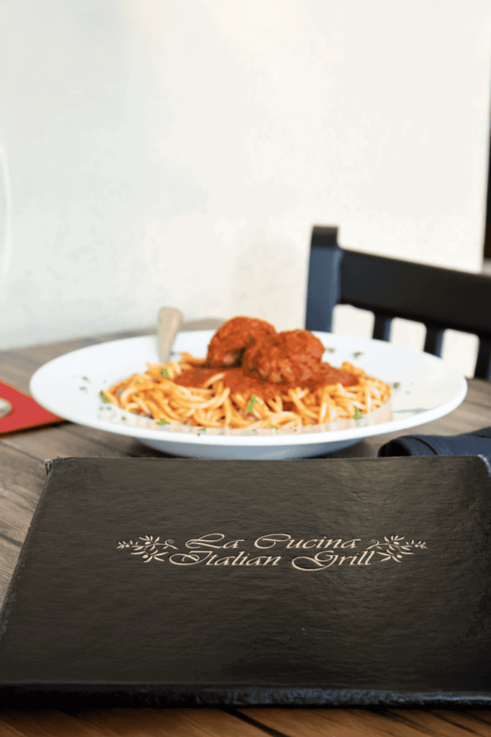 Delicious Italian spaghetti and meatballs at La Cucina Italian Grill restaurant.