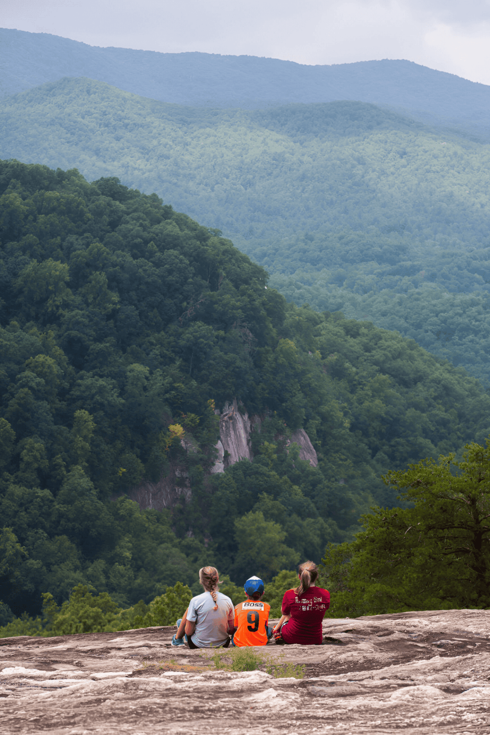 Family hiking on mountain trail overlooking lush green forest and mountain peaks.