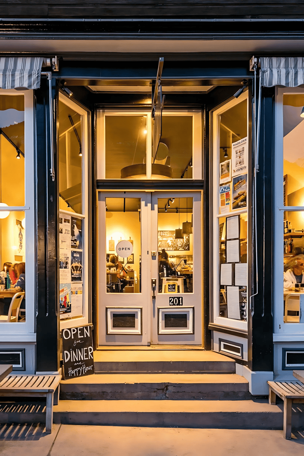 Charming restaurant entrance with open sign and inviting indoor ambiance, perfect for dining and food experiences.