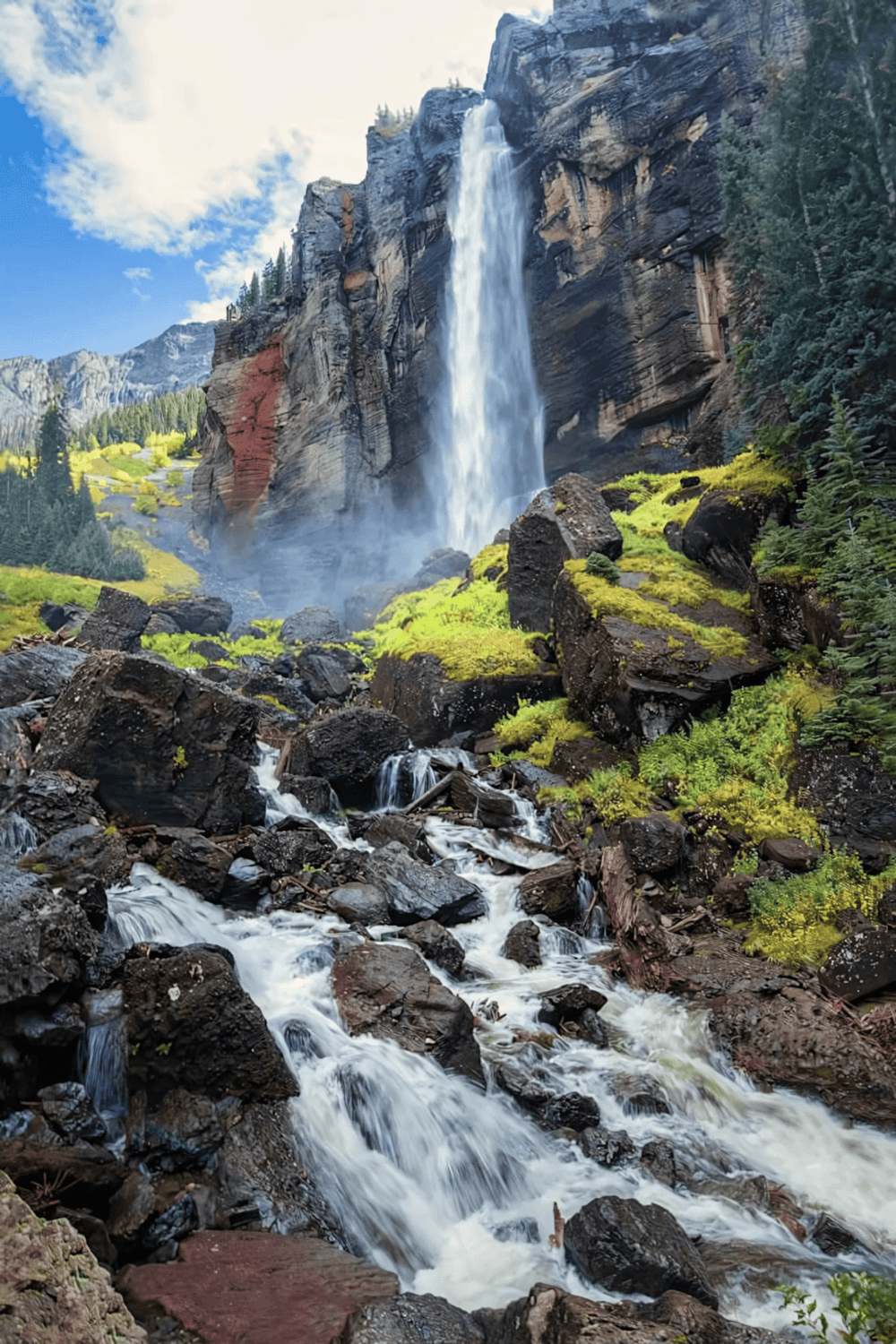 Majestic waterfall flowing down mountain rocks with lush greenery and vibrant wildflowers in the background.