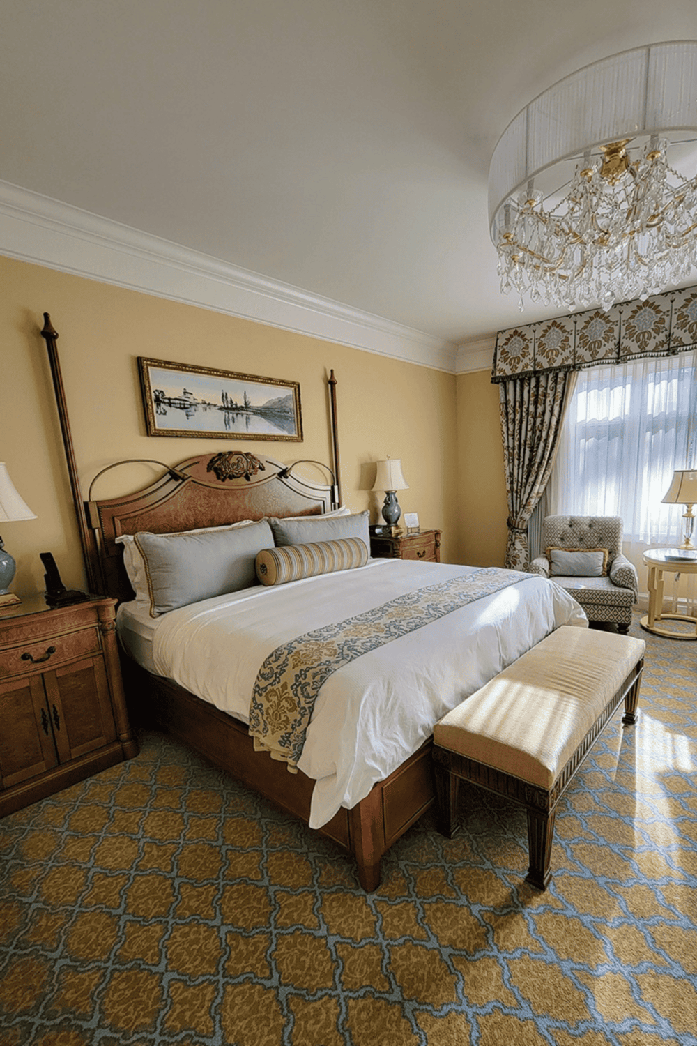 Luxurious hotel bedroom with elegant bedding, classic furniture, and a chandelier in a scenic setting.