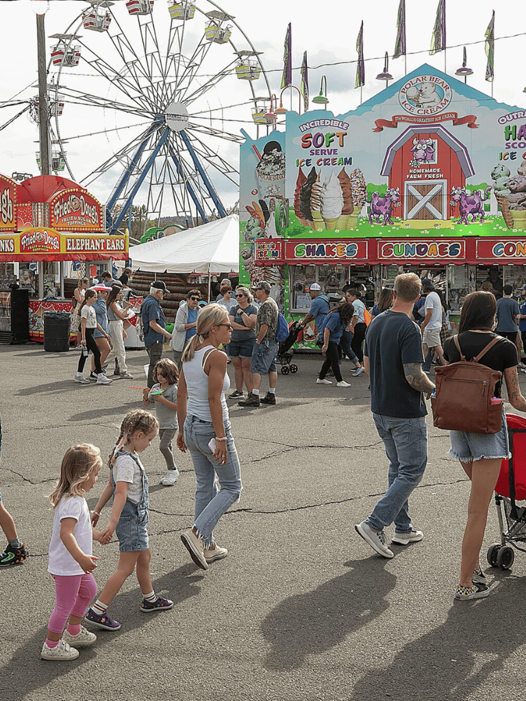 Bright amusement park with Ferris wheel, ice cream stands, and families enjoying the fun fair environment.