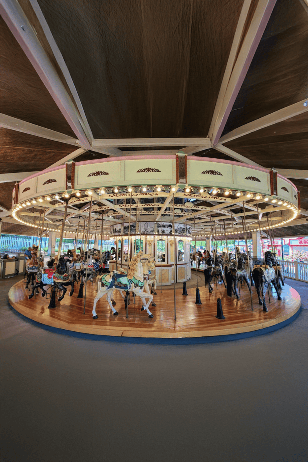 Colorful indoor carousel rides for family entertainment and fun at Quest for Directions.