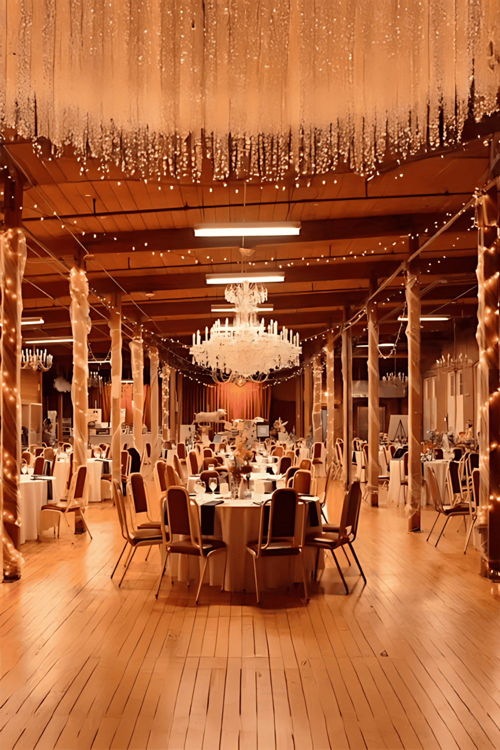 Elegant event venue with chandeliers, wooden beams, and string lights for memorable celebrations.