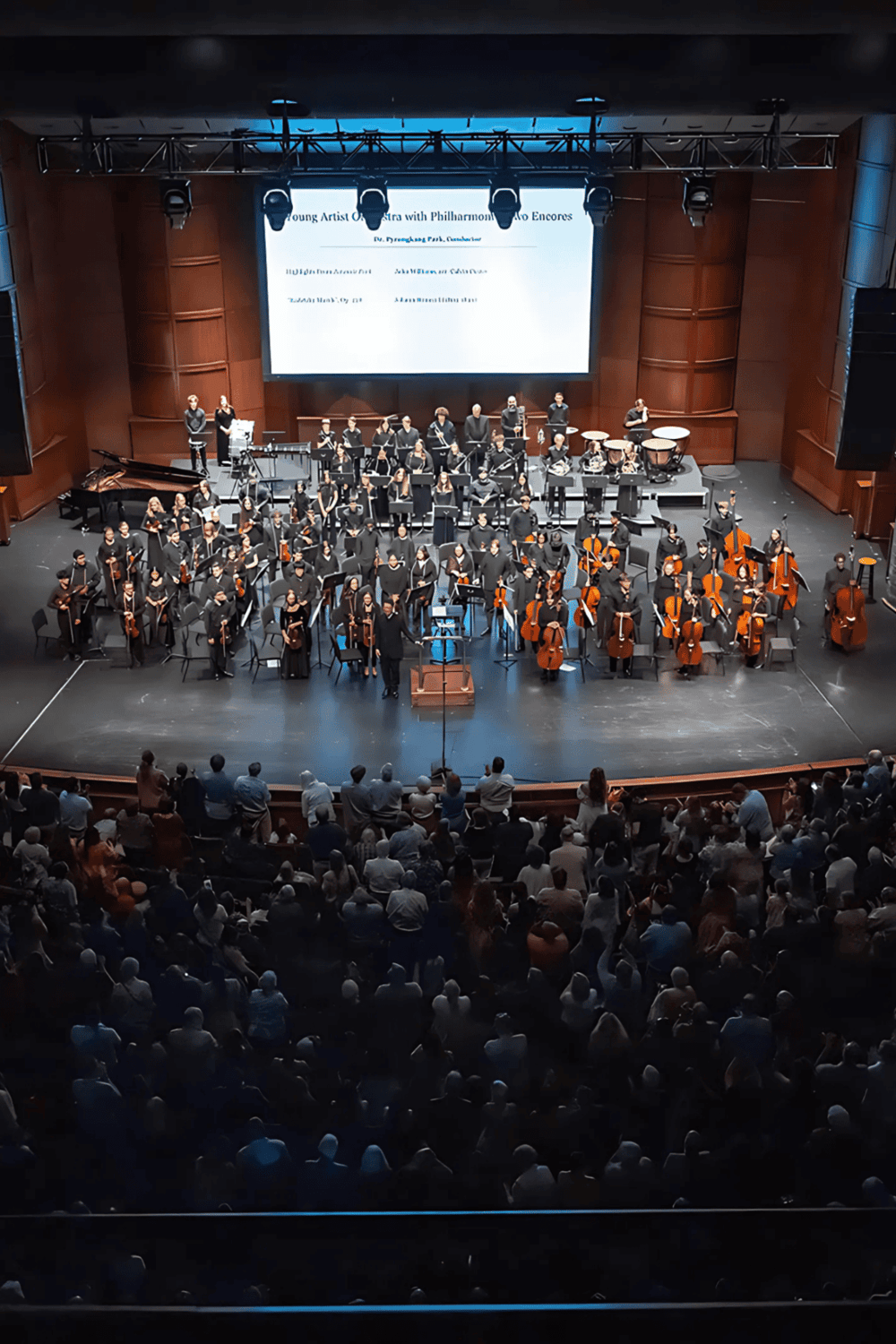 Orchestra performing in a concert hall with audience and stage lighting, promoting musical events and cultural experiences.