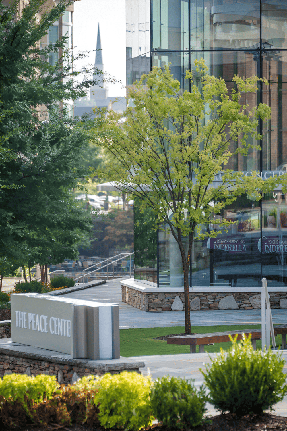 A trees in front of The Peace Center with modern glass building and signage.