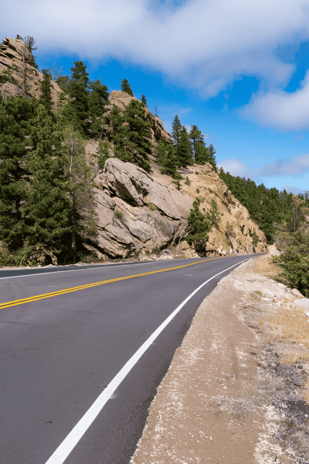 Scenic mountain road surrounded by rocky cliffs and pine trees, ideal for outdoor adventure travel.