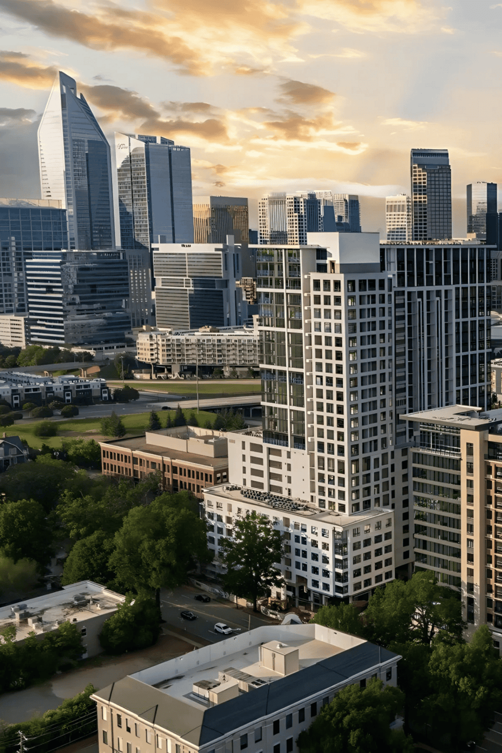 Modern city skyline with high-rise buildings in downtown area at sunset.