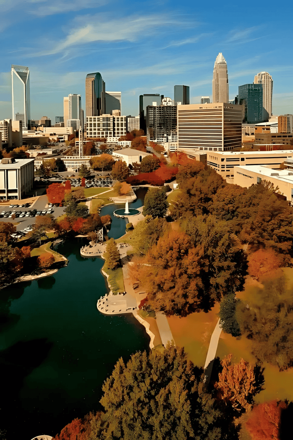 City skyline with modern skyscrapers and a scenic park with water feature in Charlotte, North Carolina.