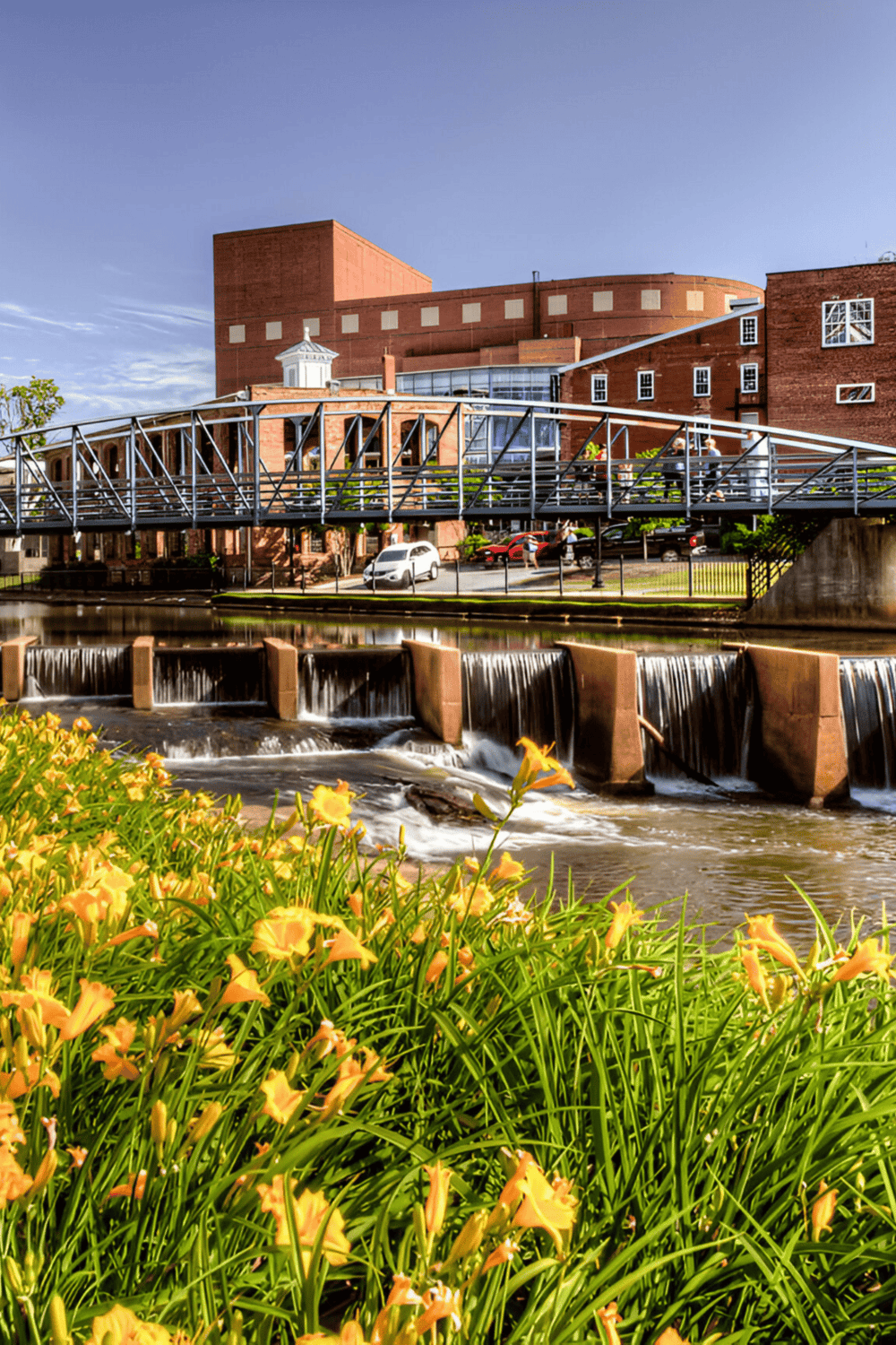 Modern urban building with river and yellow flowers in the foreground, showcasing QuestForDirections services for city navigation.