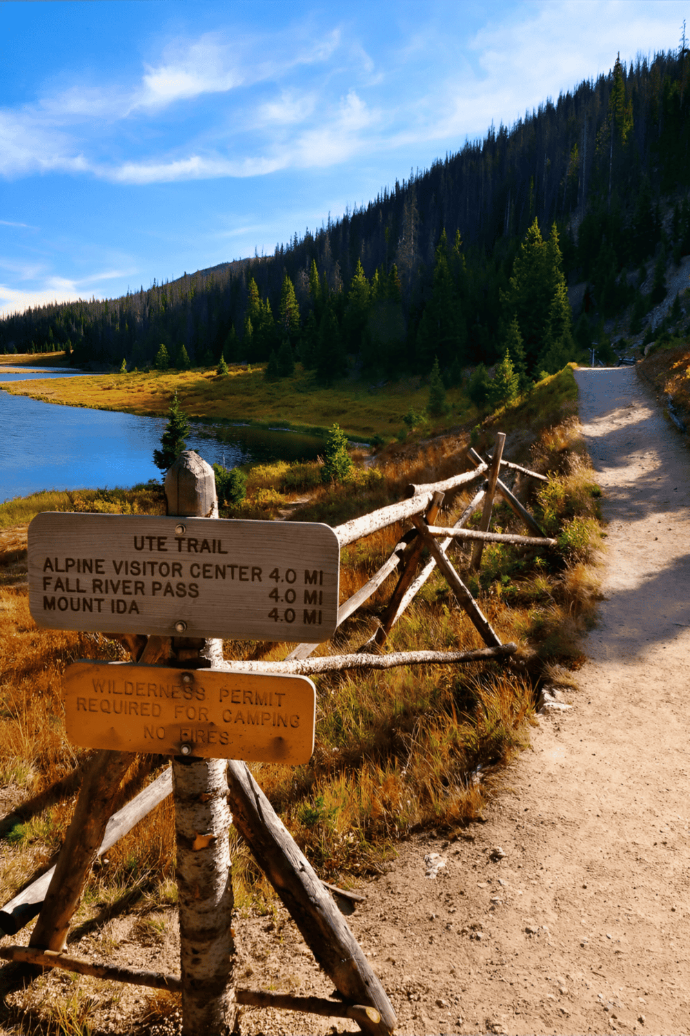 Serene mountain trail with scenic views near Fall River Pass and Mount Ida in a national park.