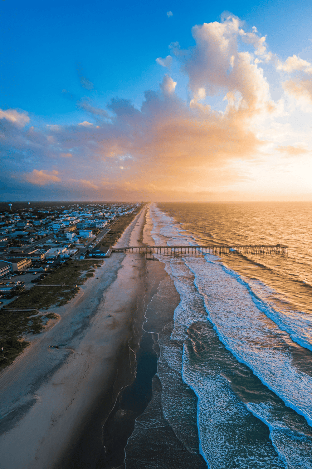 Oceanfront beach with pier at sunset, coastal town, scenic ocean views, scenic seaside, South Carolina beach vacation destination.