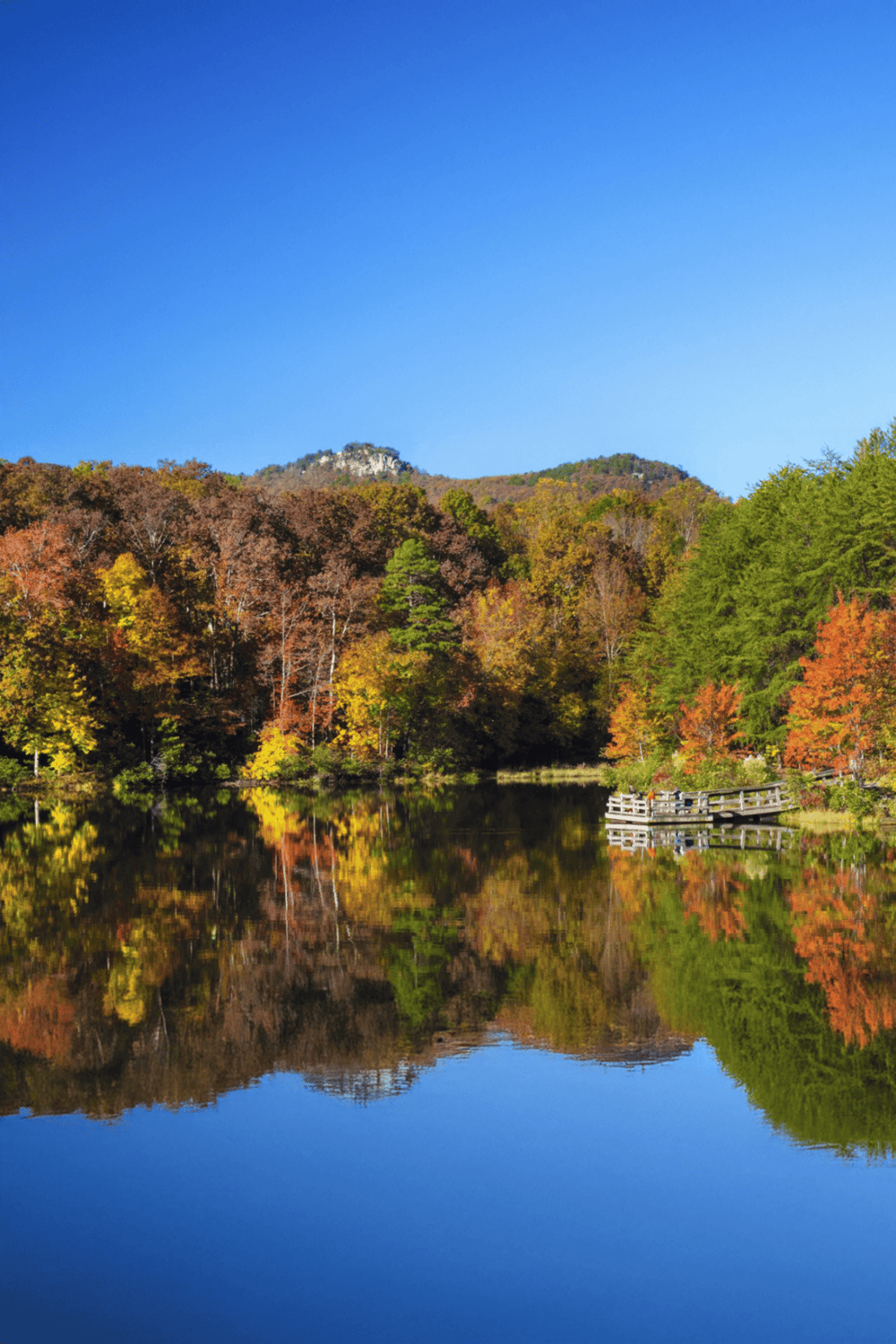 Autumn landscape with lake reflection, colorful trees, and mountain in the background, scenic nature view.