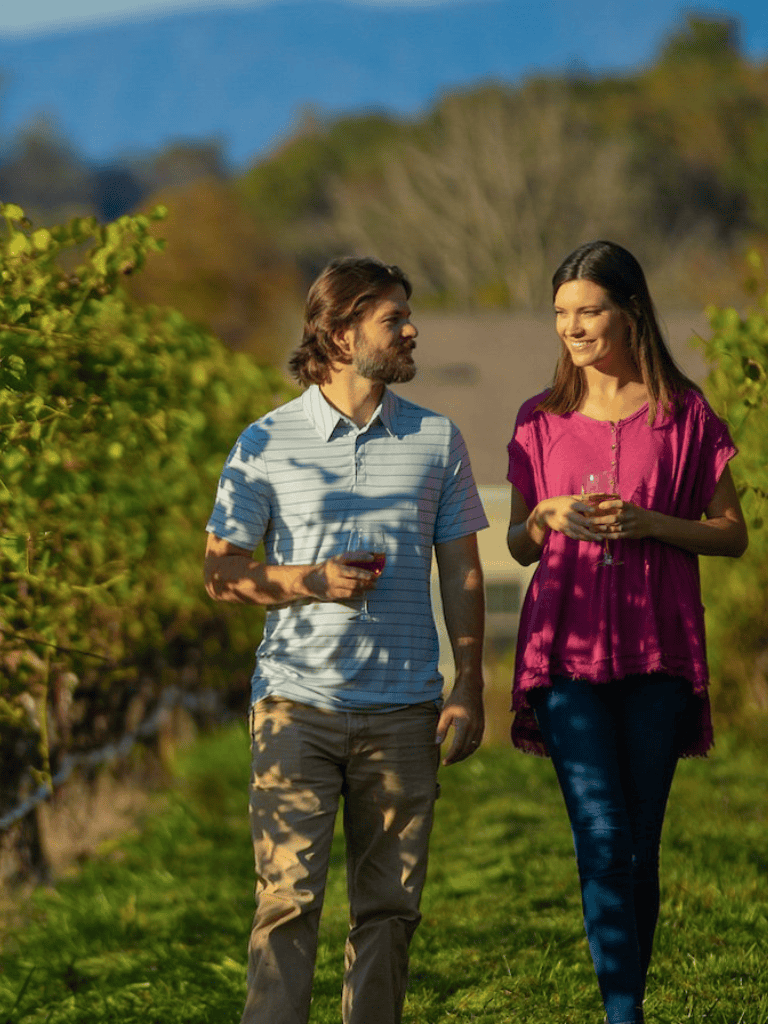 Relaxed couple enjoying wine tasting in vineyard.