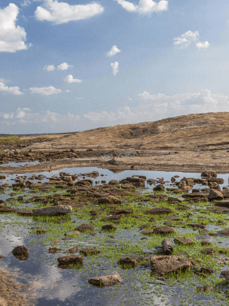 Vast rocky landscape with water puddles and green vegetation under a partly cloudy sky.
