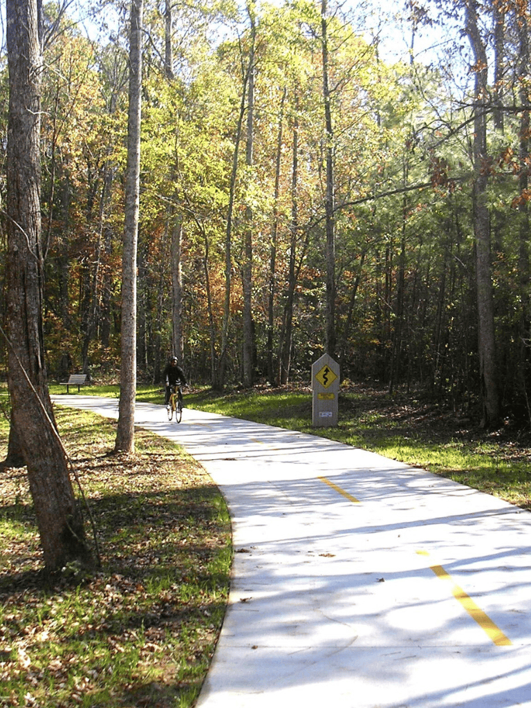Bike rider on paved trail through wooded park with winding path and safety sign, outdoor health and recreation.